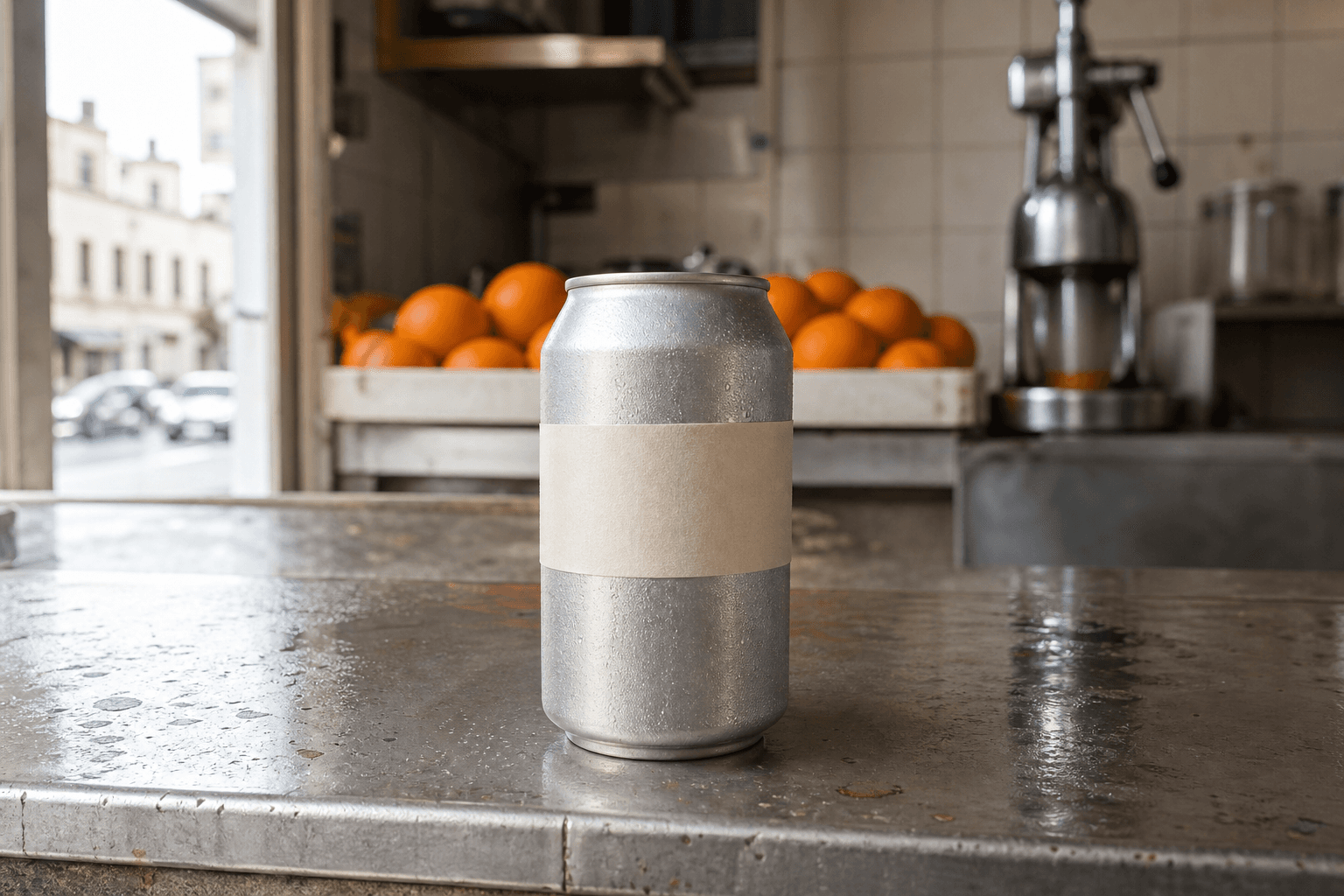 Une canette de 330 ml scellée, remplie de jus d’orange frais, posée sur le comptoir en zinc d’un jus bar à Casablanca.