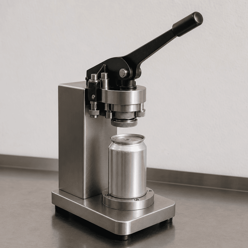 La machine à sceller posée sur un plan de travail en inox, une canette de 330 ml placée sous la tête de scellage.