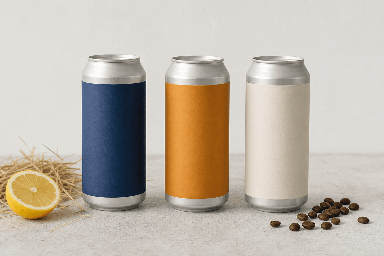 Trois canettes de 330 ml scellées, en rang, portant chacune un marquage autocollant de couleur unie : bleu, ambre et crème.